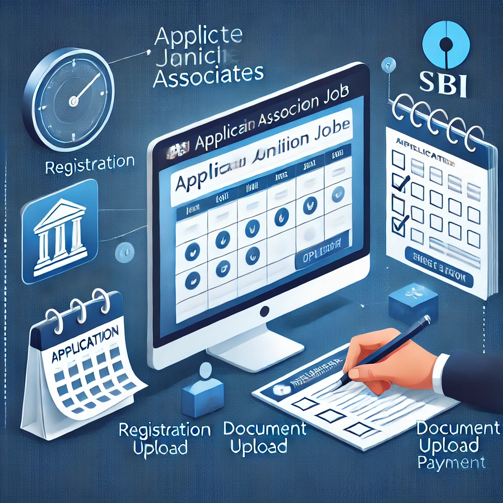 DALL·E 2024 12 07 11.13.58 A professional illustration showing the process of applying online for a bank job. The image includes elements such as a desktop or laptop screen disp