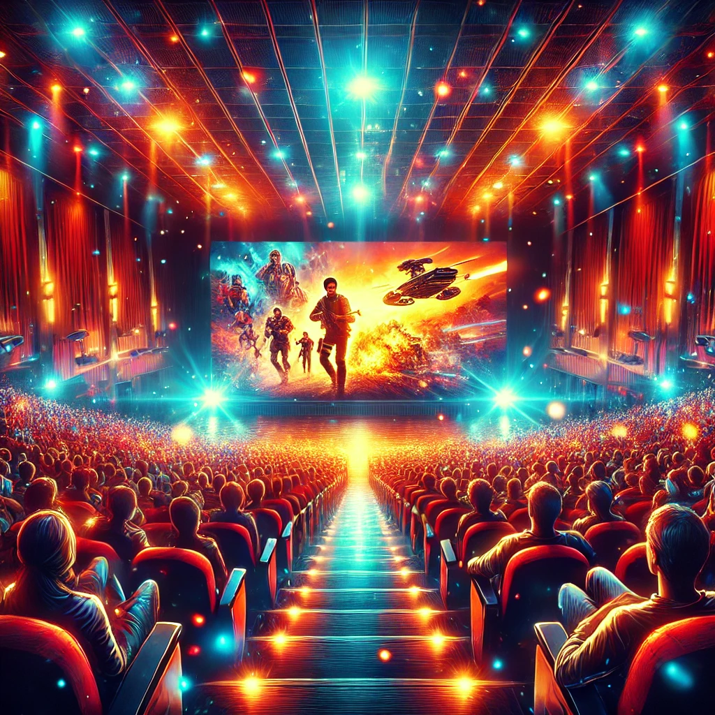 DALL·E 2024 12 09 12.23.27 A vibrant and dramatic digital illustration of a movie theatre filled with an enthusiastic crowd watching a blockbuster film. The scene shows a large