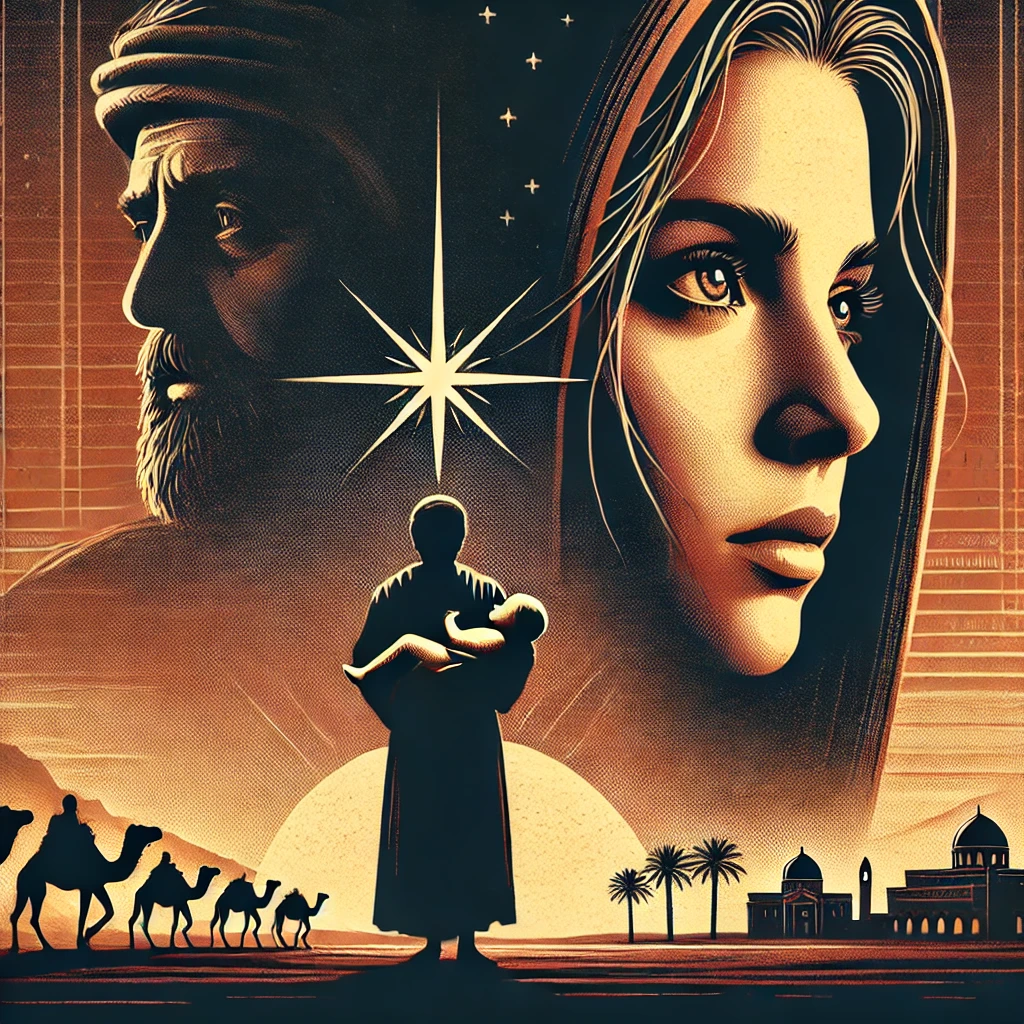 DALL·E 2024 12 09 15.12.30 A digital illustration of a dramatic movie poster for Mary featuring a young woman Mary in a historical Middle Eastern setting. The background in