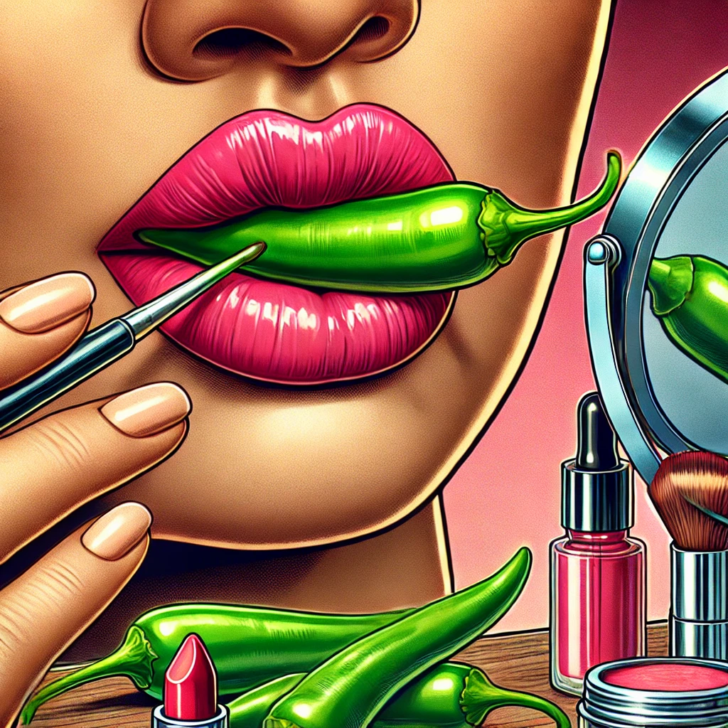 DALL·E 2024 12 09 15.34.22 A digital illustration showcasing a controversial beauty hack involving green chillies being used as a lip plumper. The image features a vibrant close