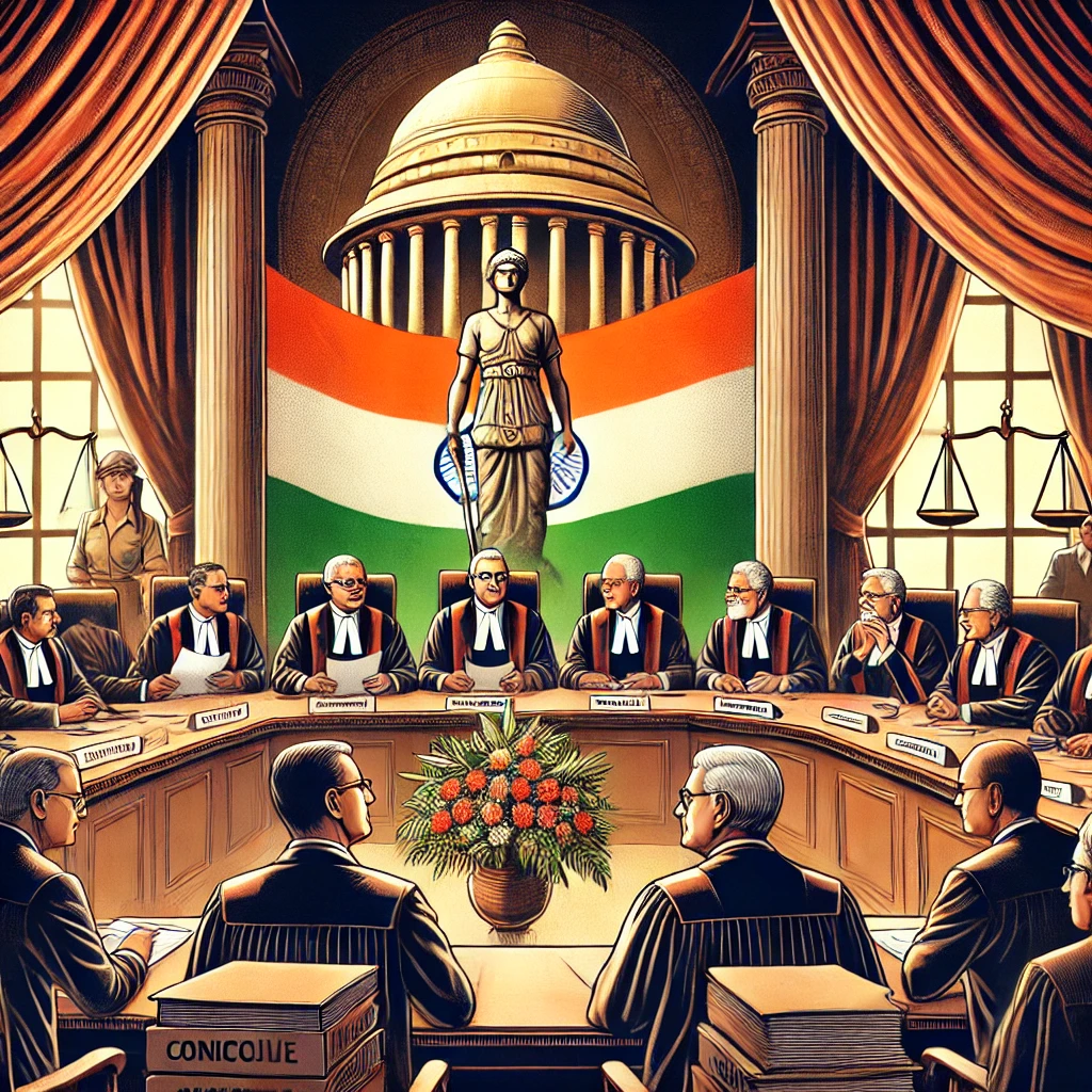 DALL·E 2024 12 10 11.07.18 A visually engaging and professional digital illustration of the Collegium System in India depicting senior judges in a conference room discussing ju