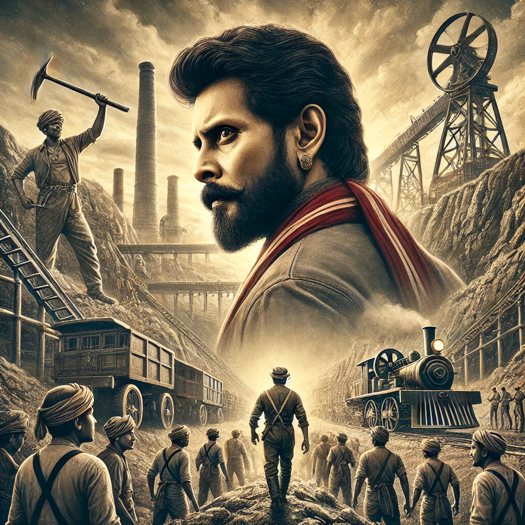 DALL·E 2024 12 11 12.39.50 A captivating digital illustration of a Tamil period drama film scene featuring a rugged Chiyaan Vikram in traditional attire set against a dramatic