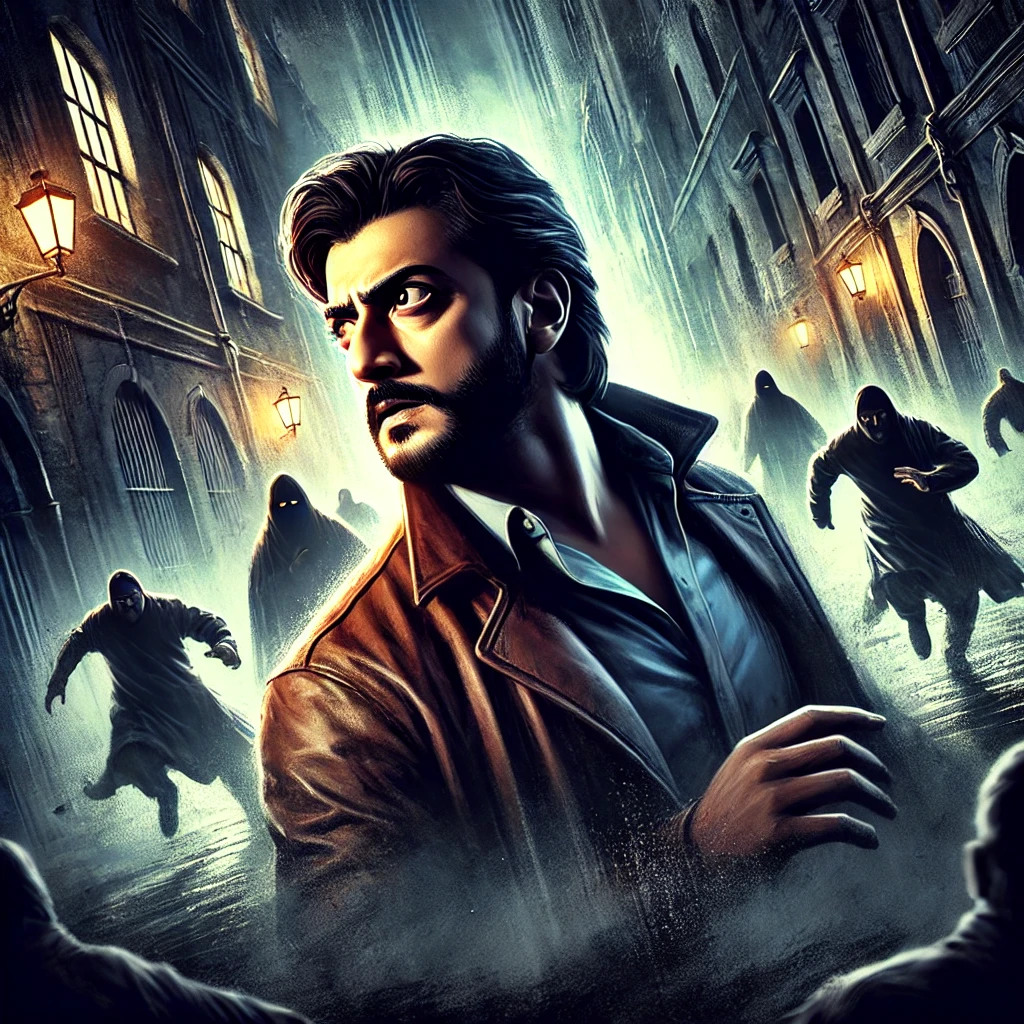 DALL·E 2024 12 11 13.52.59 A dramatic and tense digital illustration showing a Bollywood actor resembling Mushtaq Khan escaping from a dark and shadowy urban setting surround