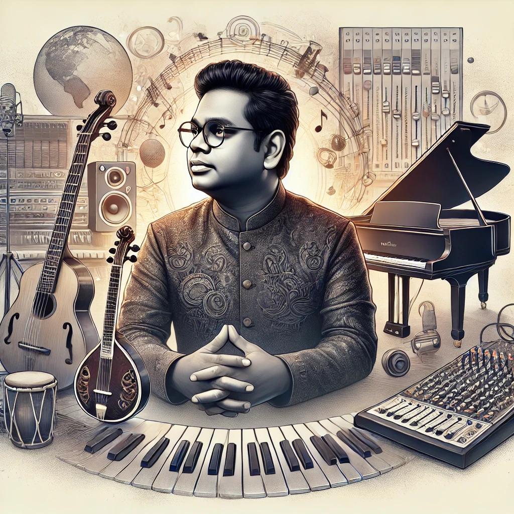 DALL·E 2024 12 11 14.14.29 A detailed and artistic digital illustration of AR Rahman the legendary Indian music composer depicted in a serene and creative environment surroun